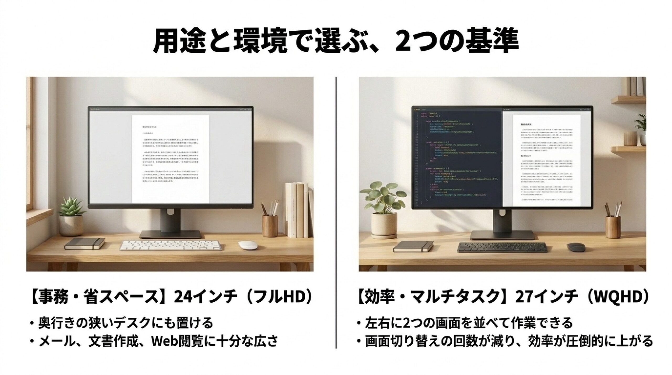 仕事用モニターの24インチと27インチ比較 事務向け24インチフルHDと作業効率を重視した27インチWQHDの比較