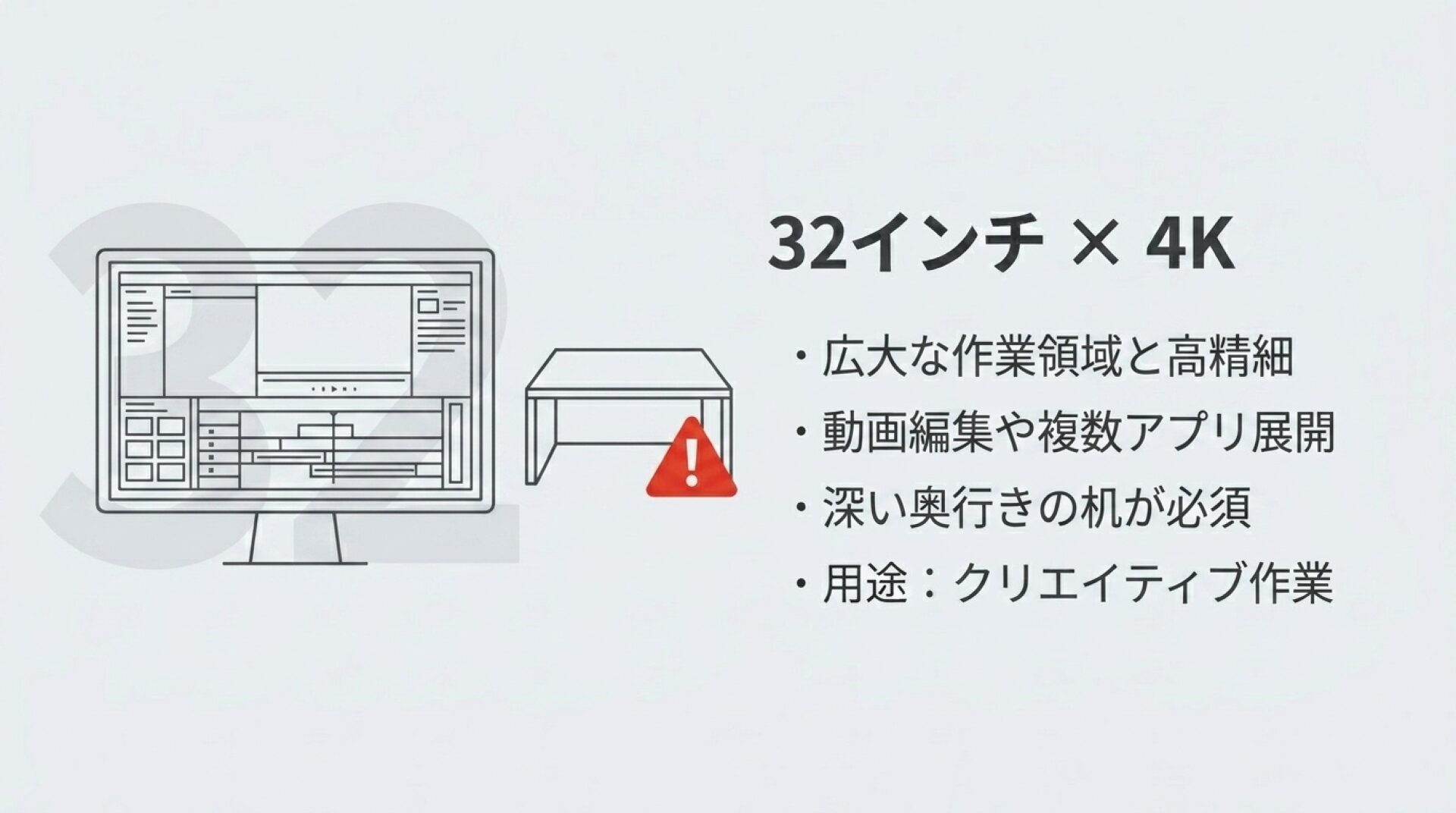 32インチ×4Kモニターの特徴と向く用途を解説したスライド。広い作業領域が必要なクリエイター向け。