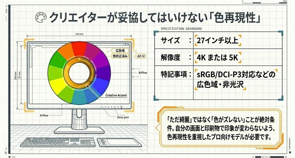 クリエイター向けPCモニターで重要なsRGBやDCI-P3など色再現性を解説するスライド