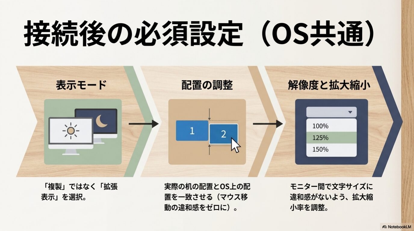 マルチディスプレイ接続後に確認する表示モード、配置、解像度と拡大縮小設定を示した画像。