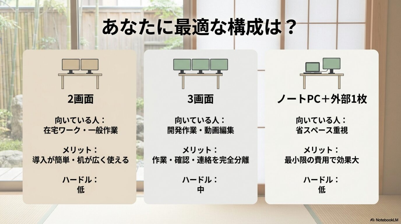 2画面、3画面、ノートPCと外部モニター構成の違いを比較した画像。用途別の選び方を視覚化。