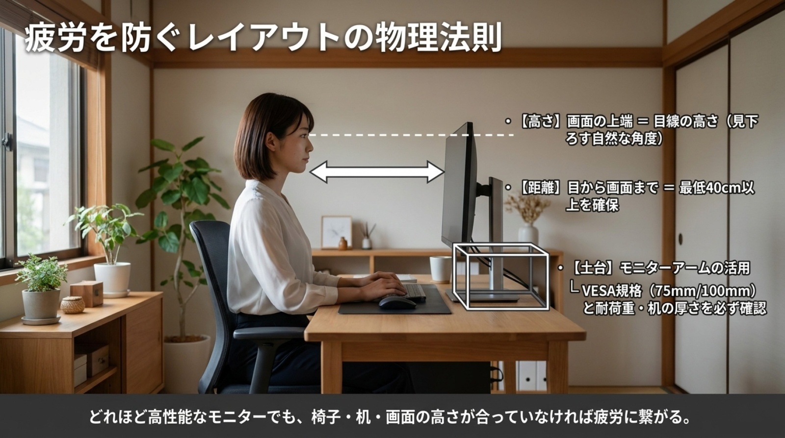 画面上端を目線の高さに合わせ、モニターとの距離やアーム設置を意識した疲れにくい作業環境