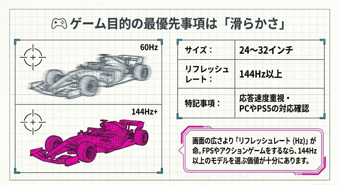 ゲーム向けPCモニターで144Hz以上のリフレッシュレートが重要な理由を示すスライド