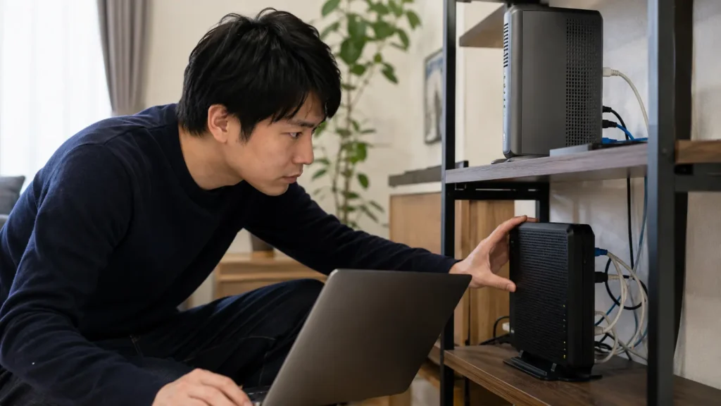 ホームゲートウェイとWi-Fiルーターの接続状態を確認する日本人男性