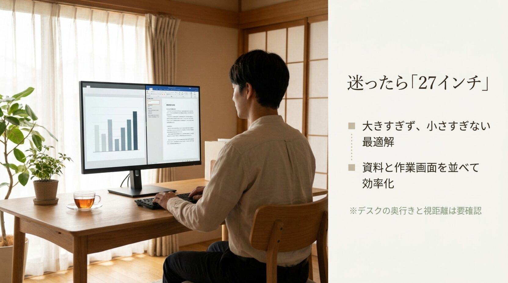 27インチモニターで資料と作業画面を並べて在宅勤務をする様子