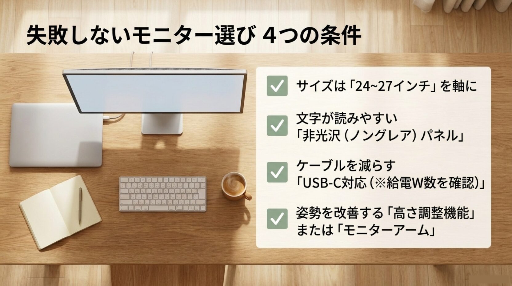 在宅勤務用PCモニター選びで確認したいサイズ非光沢USB-C高さ調整の4条件