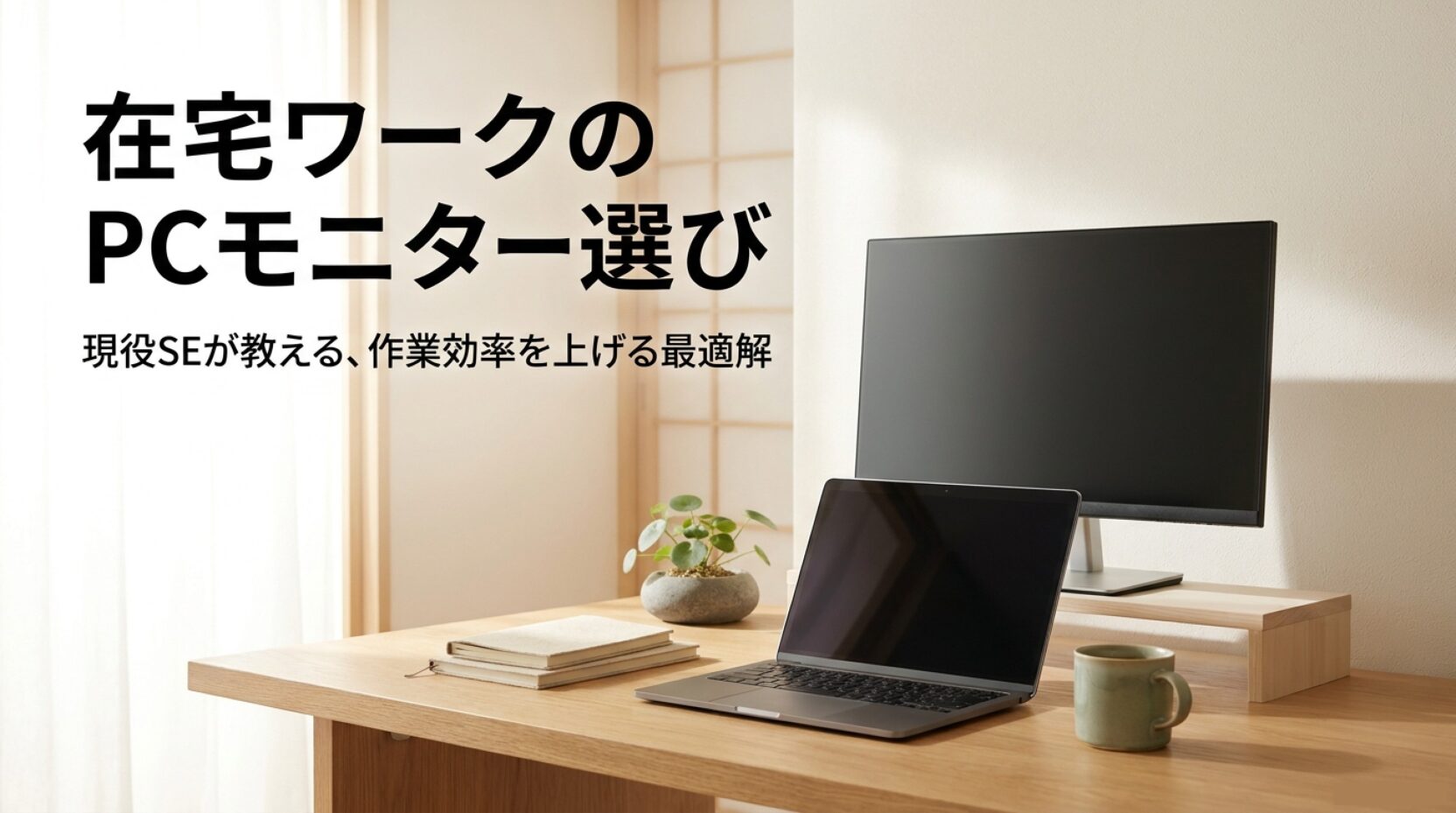 在宅ワーク向けにノートPCと外部モニターを配置したデスク環境