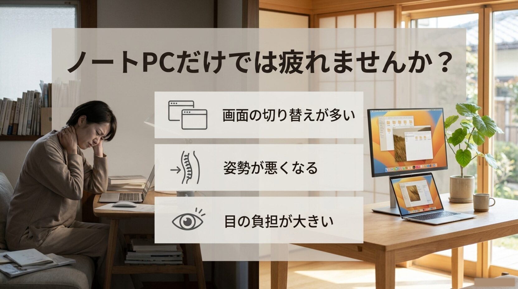 ノートPCだけの在宅勤務で画面切り替えや姿勢の悪化により疲れやすくなる様子