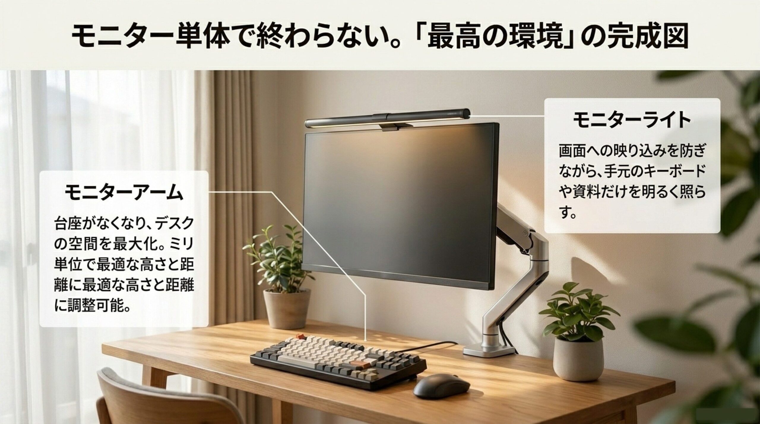 モニターアームとライトで整える作業環境 モニターアームとモニターライトを組み合わせた仕事用デスク環境