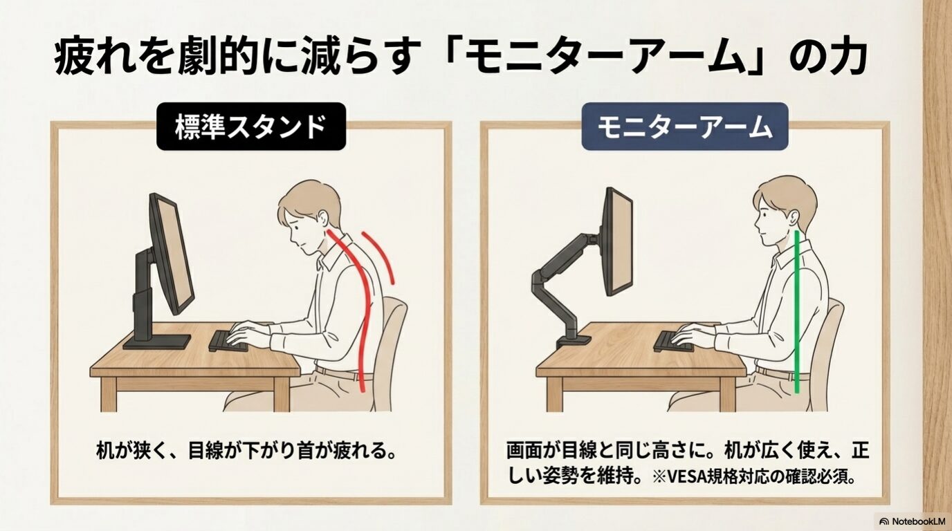 標準スタンドとモニターアームを比較し、目線の高さや姿勢改善の重要性を示した画像。