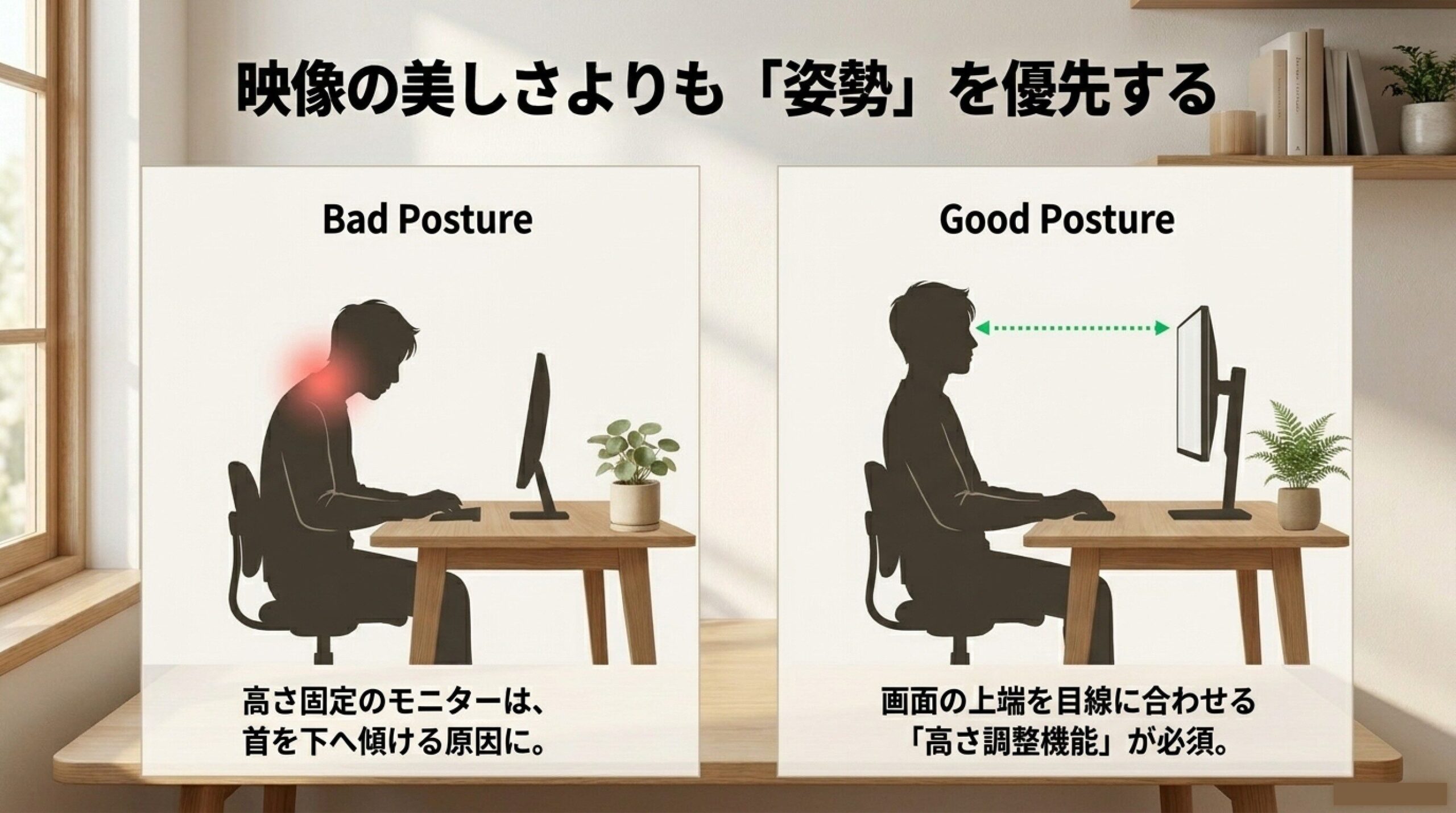仕事用モニターの高さと正しい姿勢 高さ固定モニターと高さ調整対応モニターを使った姿勢の比較