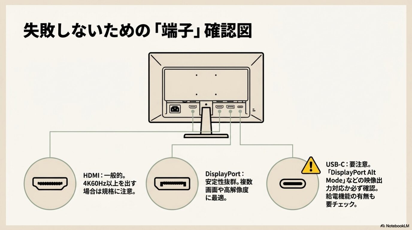 HDMI、DisplayPort、USB-Cなど、PCモニター増設前に確認すべき接続端子を示した図。