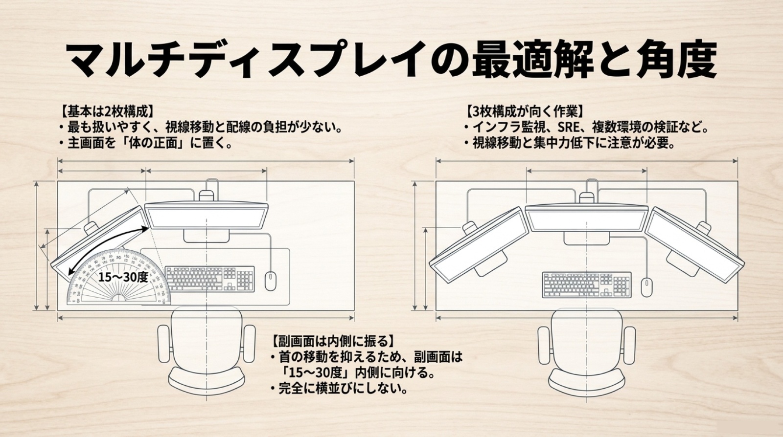 2枚構成と3枚構成のマルチディスプレイ配置と副画面を内側に向ける角度を示した図