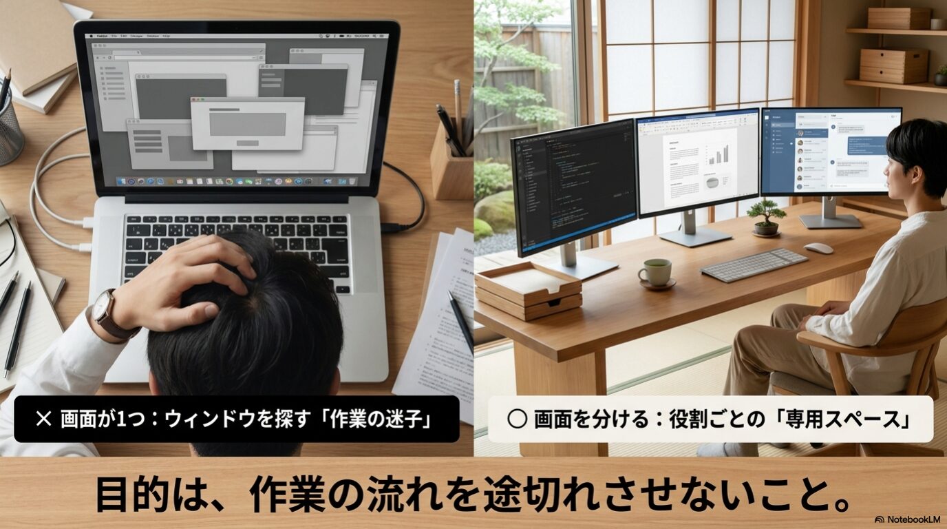 1画面で作業が迷子になる状態と、複数画面で役割を分ける状態を比較した画像。