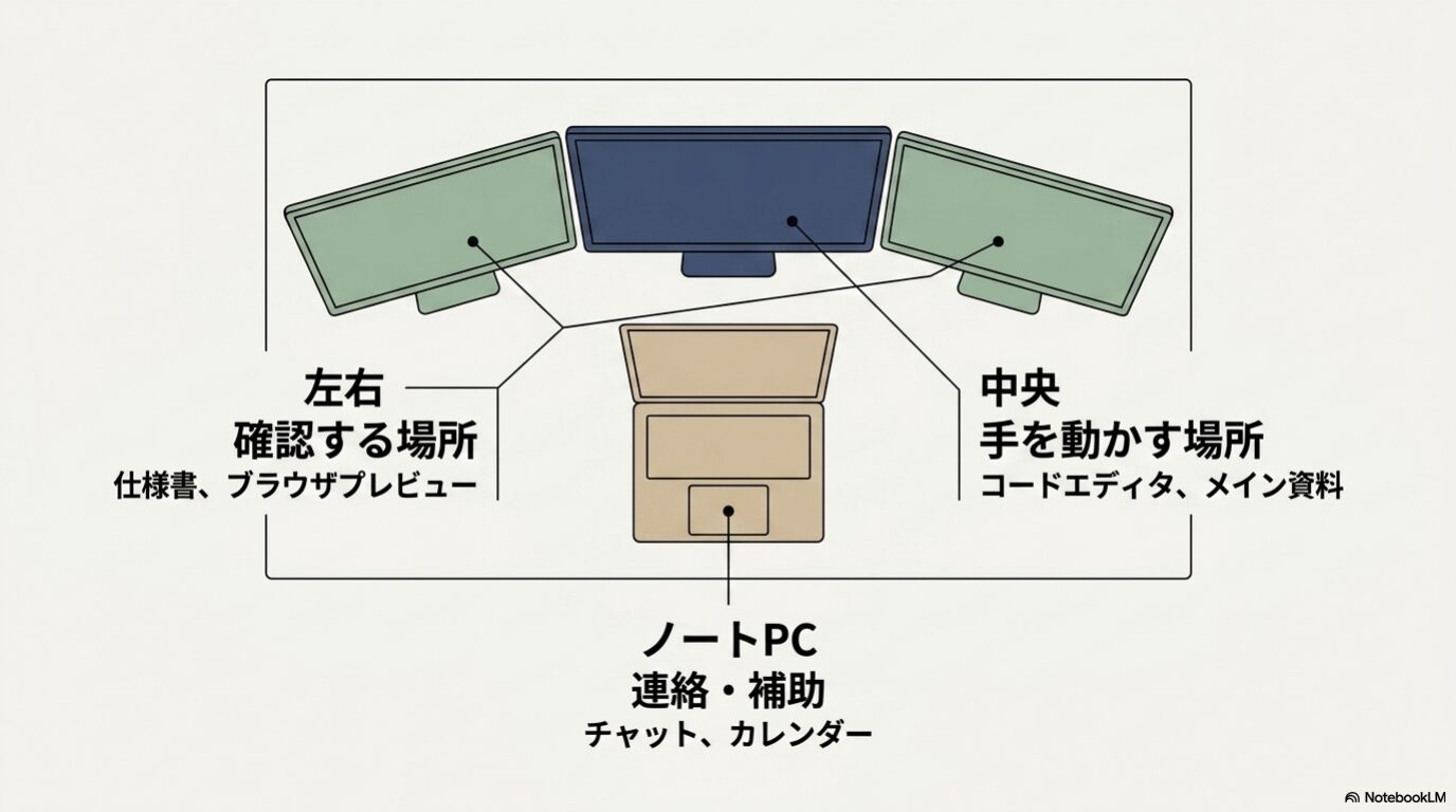 中央画面を作業用、左右画面を確認用、ノートPCを補助用として使う配置例を示した図。