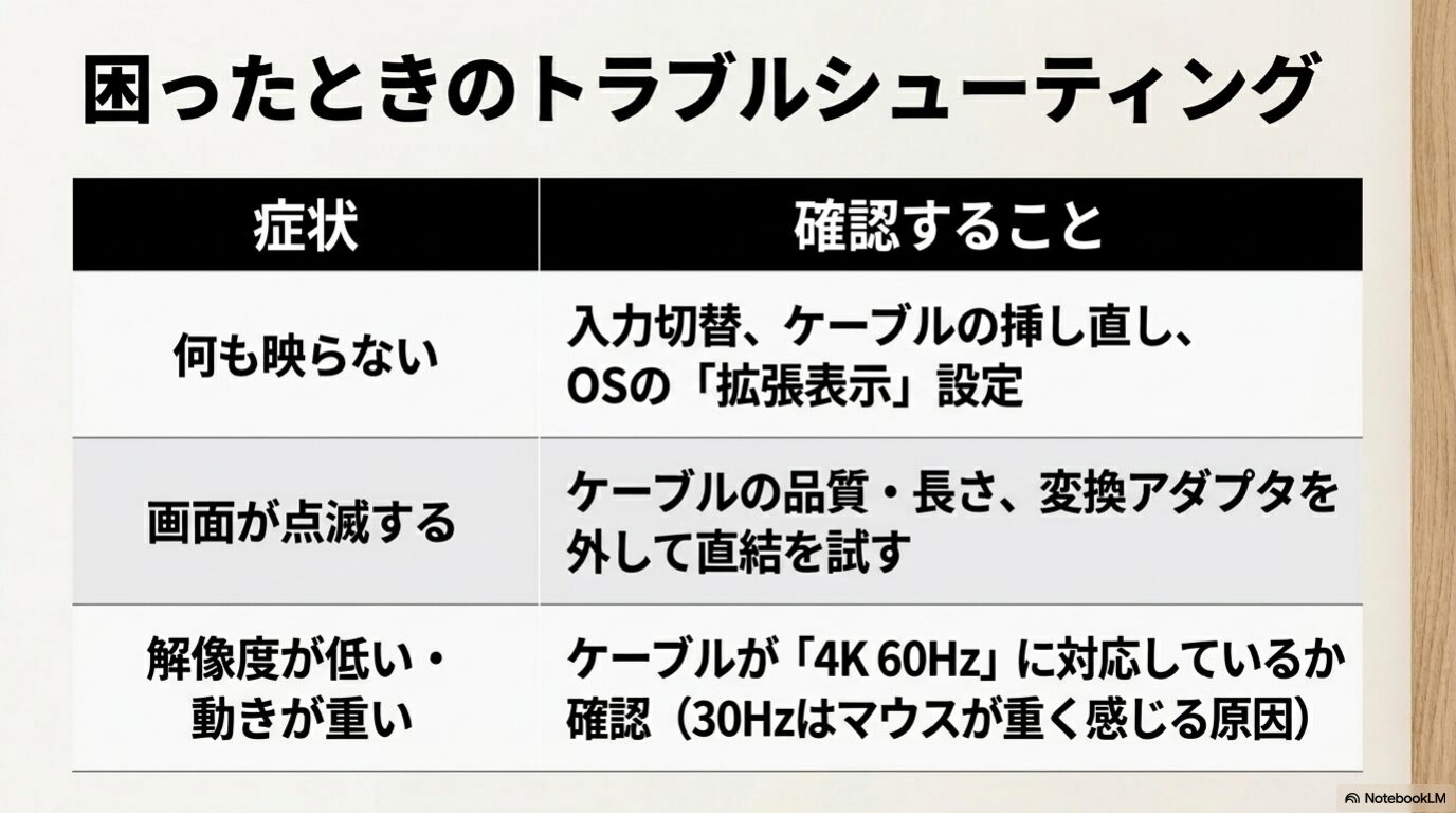 モニターが映らない、画面が点滅する、解像度が低い場合の確認ポイントをまとめた画像。