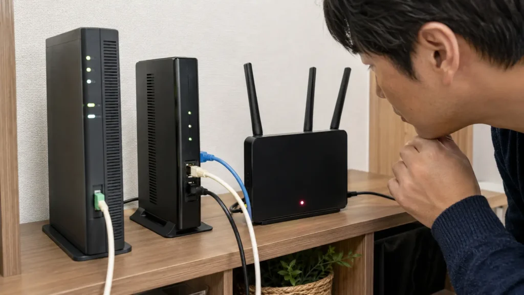 ONUとホームゲートウェイとWi-Fiルーターを確認してactive赤点滅の原因を切り分ける様子