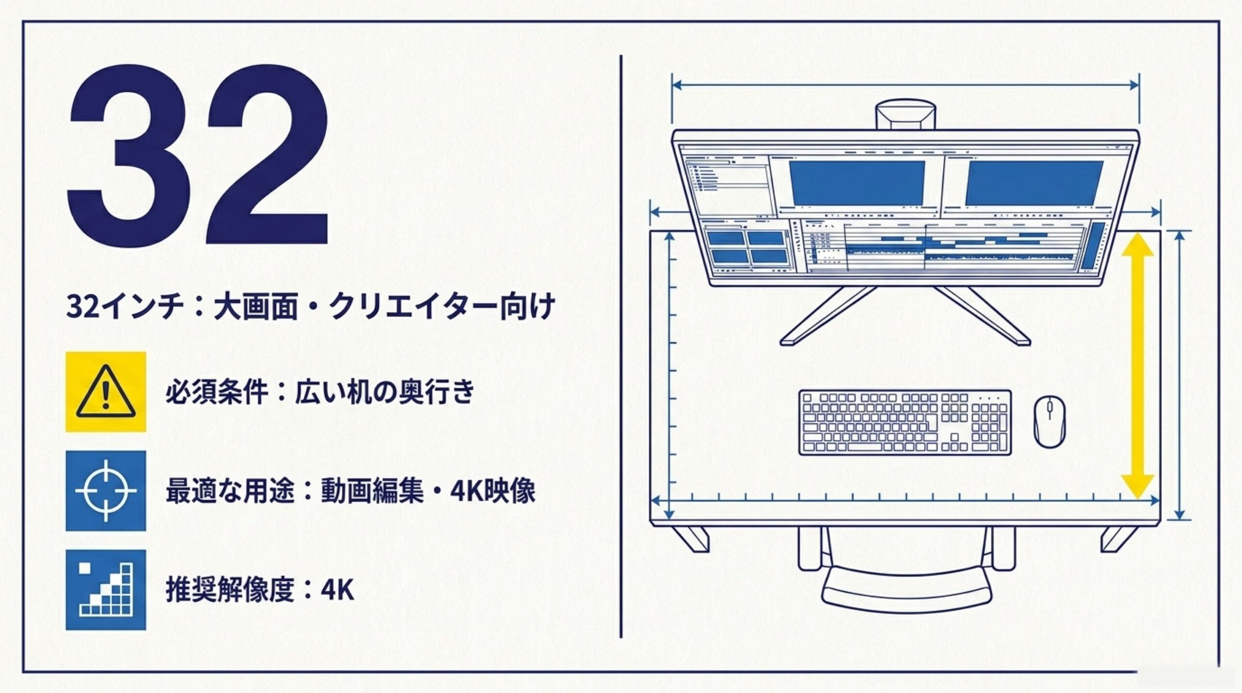 32インチPCモニターは広い机の奥行きが必要で動画編集や4K映像に向くことを示した図