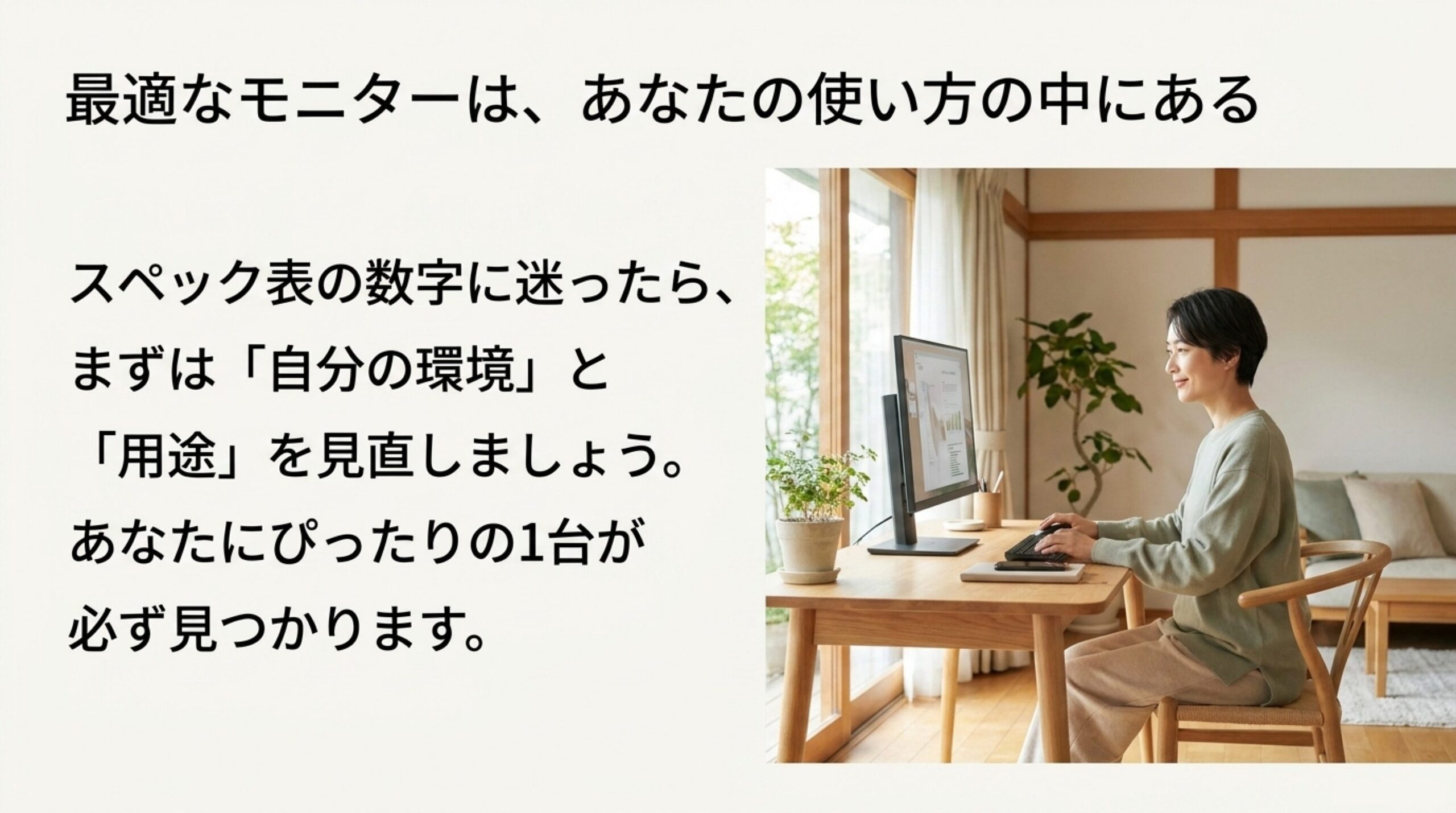 PCモニター選びで迷ったときは自分の環境と用途を見直すことが大切だと伝えるまとめ画像