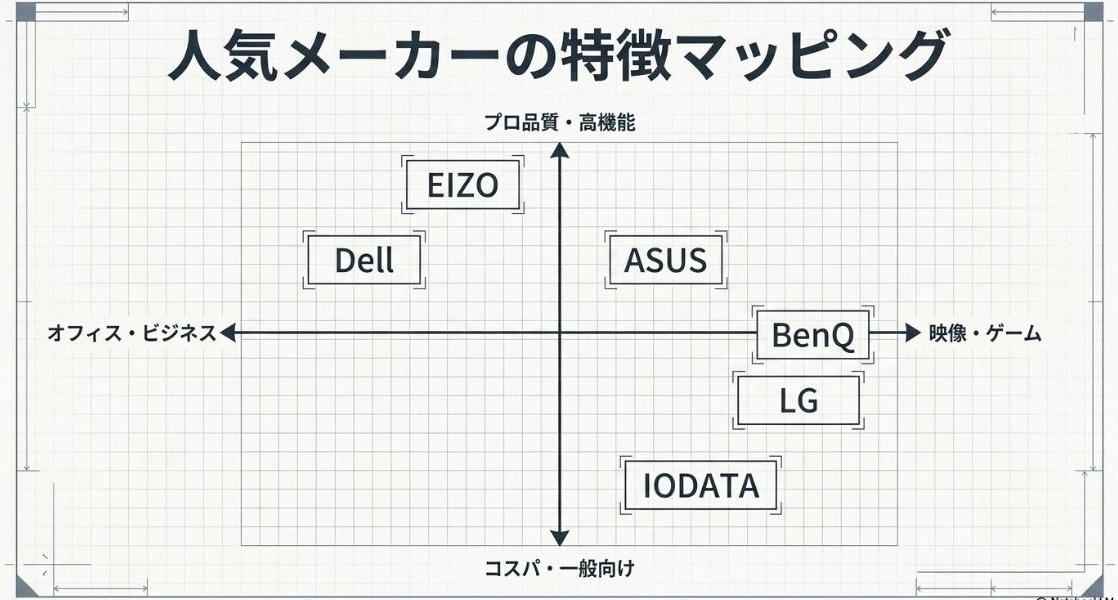 EIZO・Dell・ASUS・BenQ・LG・IODATAなどPCモニター人気メーカーの特徴を比較したスライド