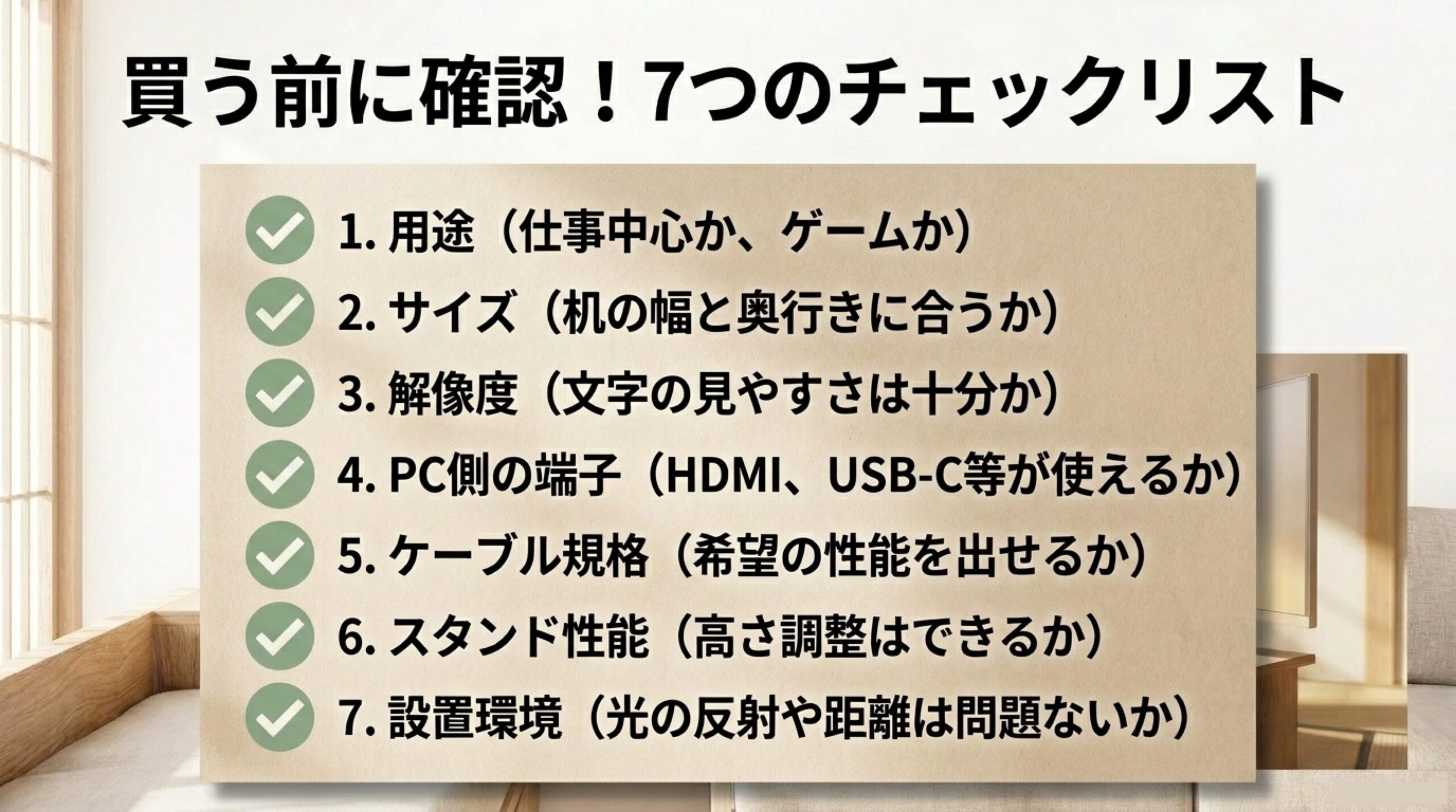 用途、サイズ、解像度、PC側端子、ケーブル規格、スタンド性能、設置環境を確認するチェックリスト画像