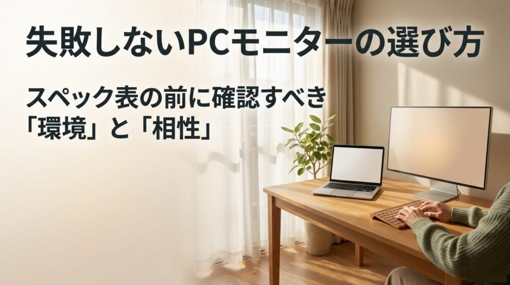 PCモニター選びで失敗しないために、スペック表だけでなく環境と相性を確認する重要性を示した画像