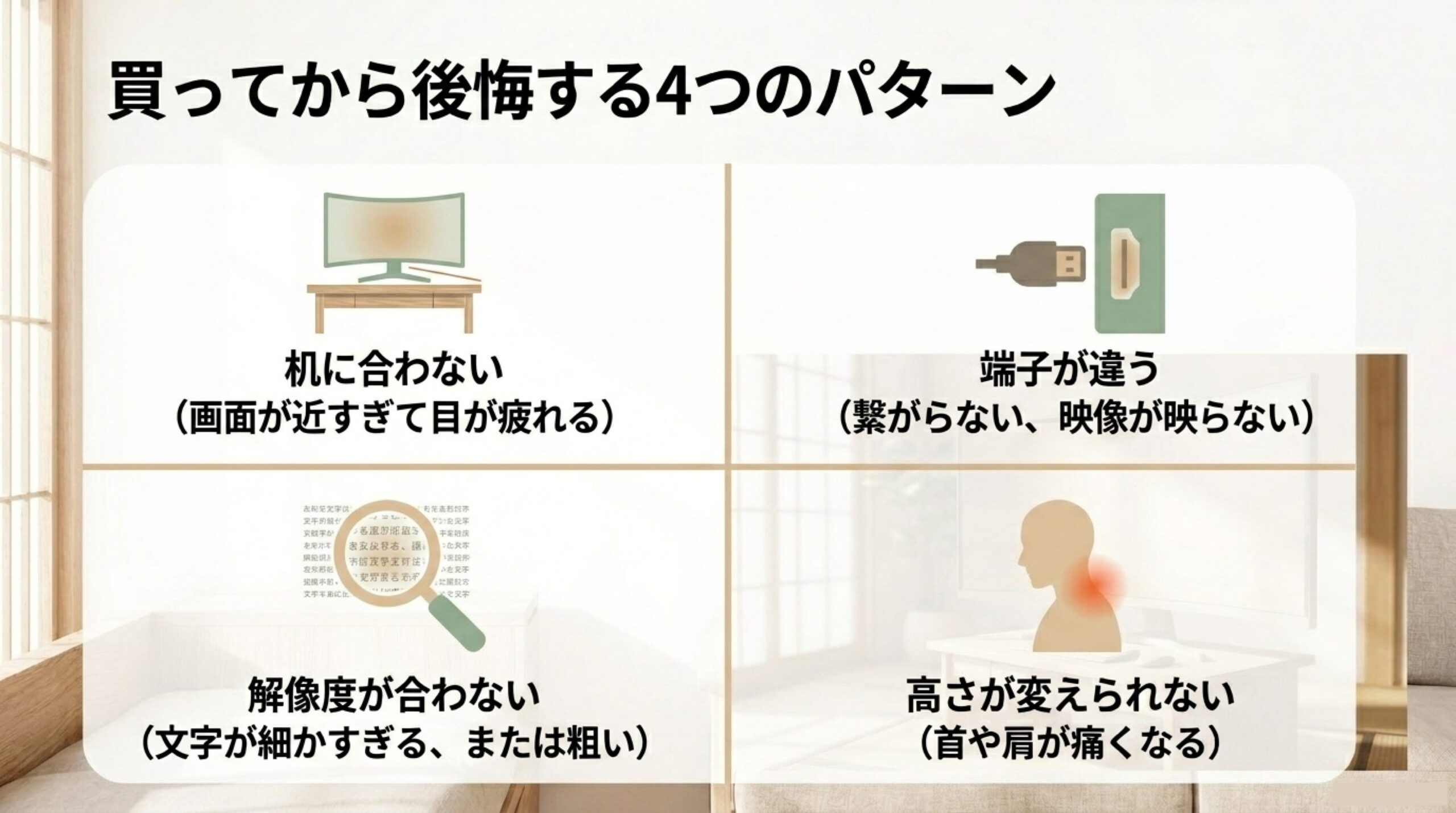 机に合わない、端子が違う、解像度が合わない、高さ調整できないというPCモニター選びの失敗例をまとめた画像