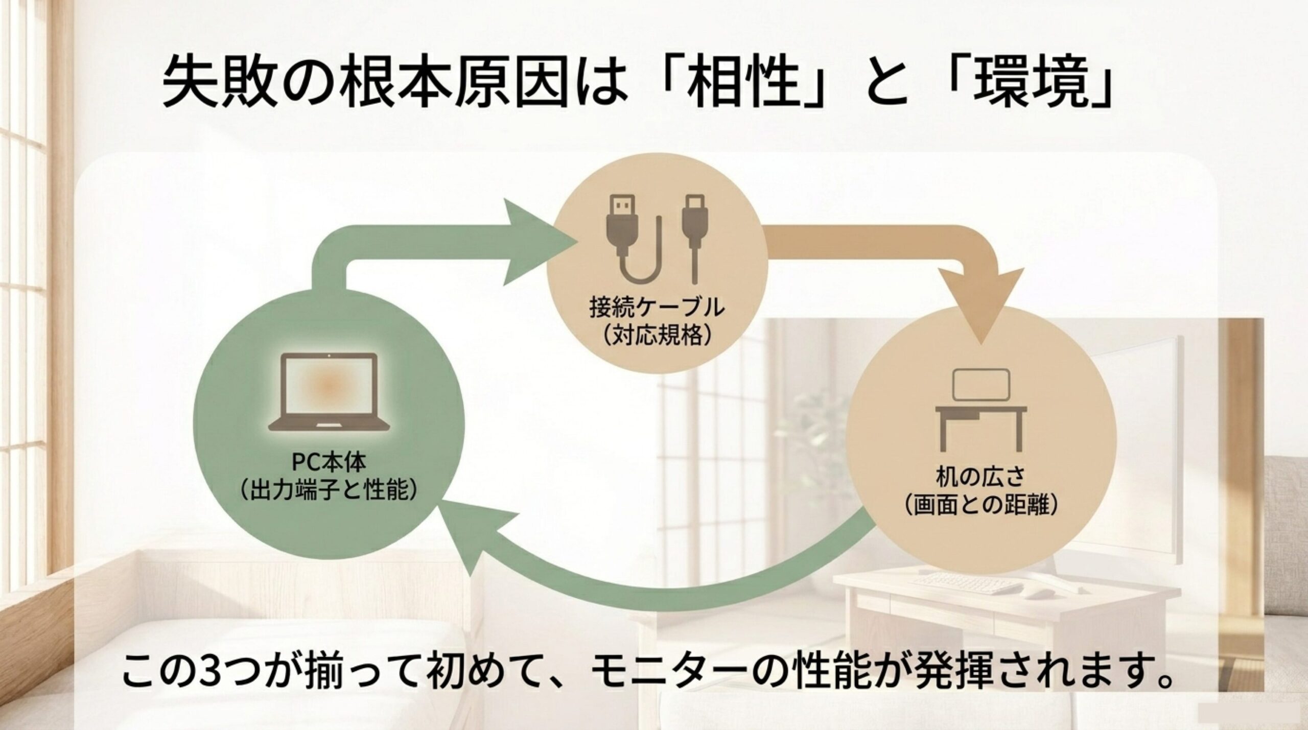 PC本体、接続ケーブル、机の広さが揃って初めてPCモニターの性能を発揮できることを示した図解