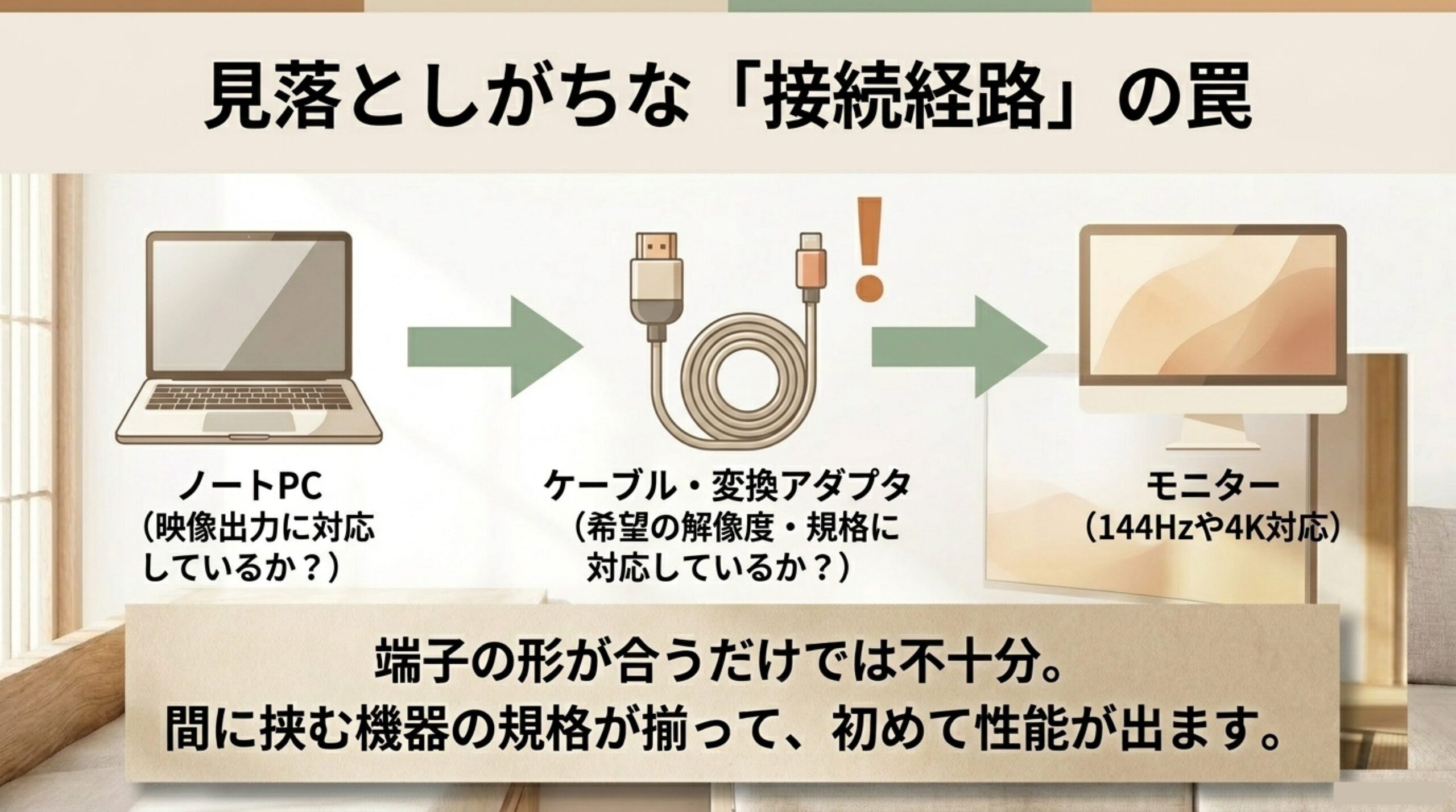 ノートPC、ケーブル、変換アダプタ、モニターまでの接続経路を確認する重要性を説明した画像