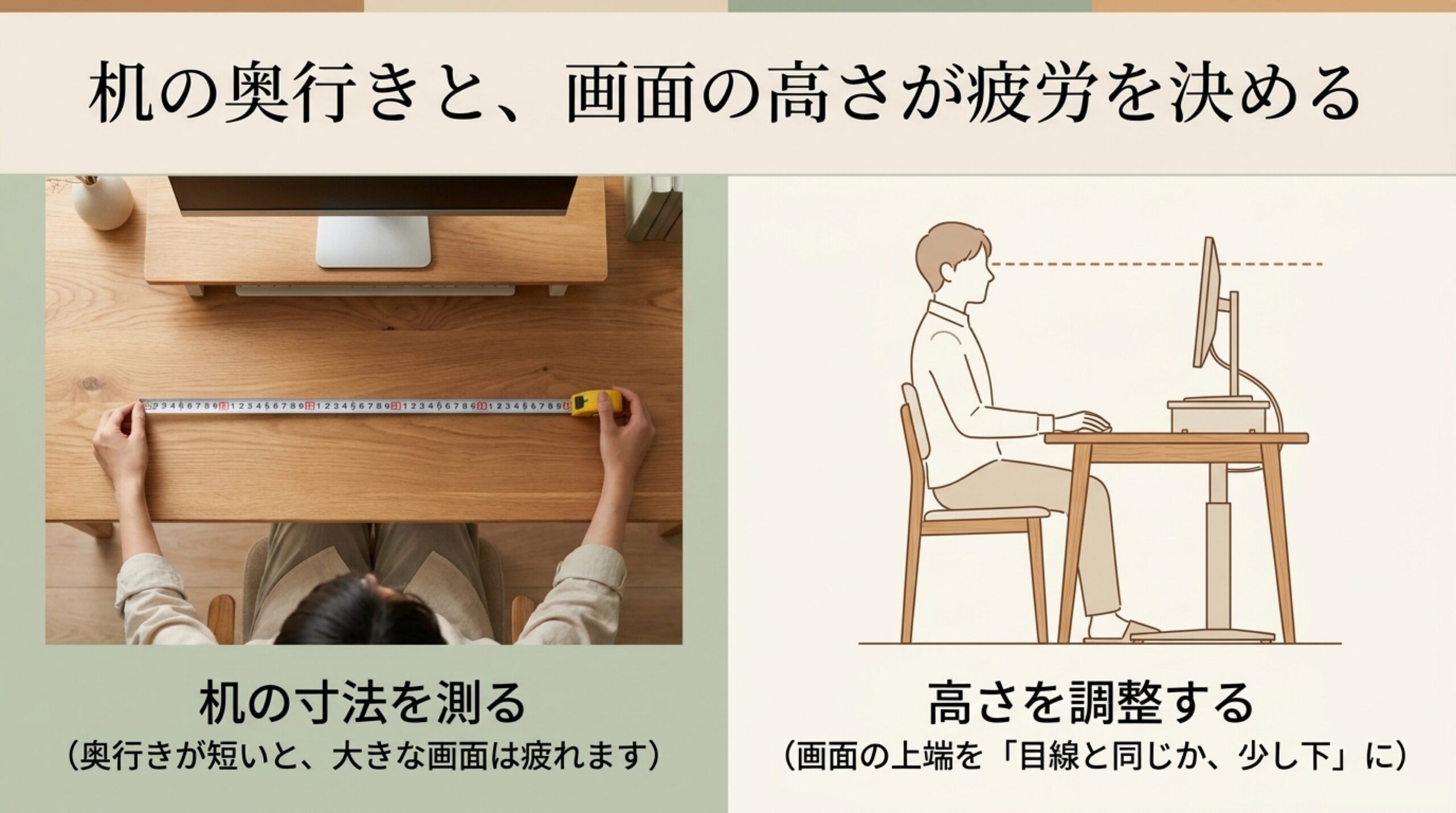 PCモニターの設置では机の奥行きと画面の高さ調整が疲労感に影響することを示した画像