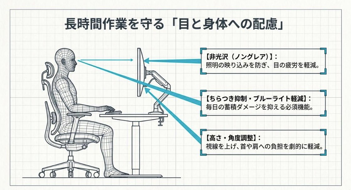 非光沢・ちらつき抑制・高さ調整などPCモニターの目と身体への配慮を示すスライド