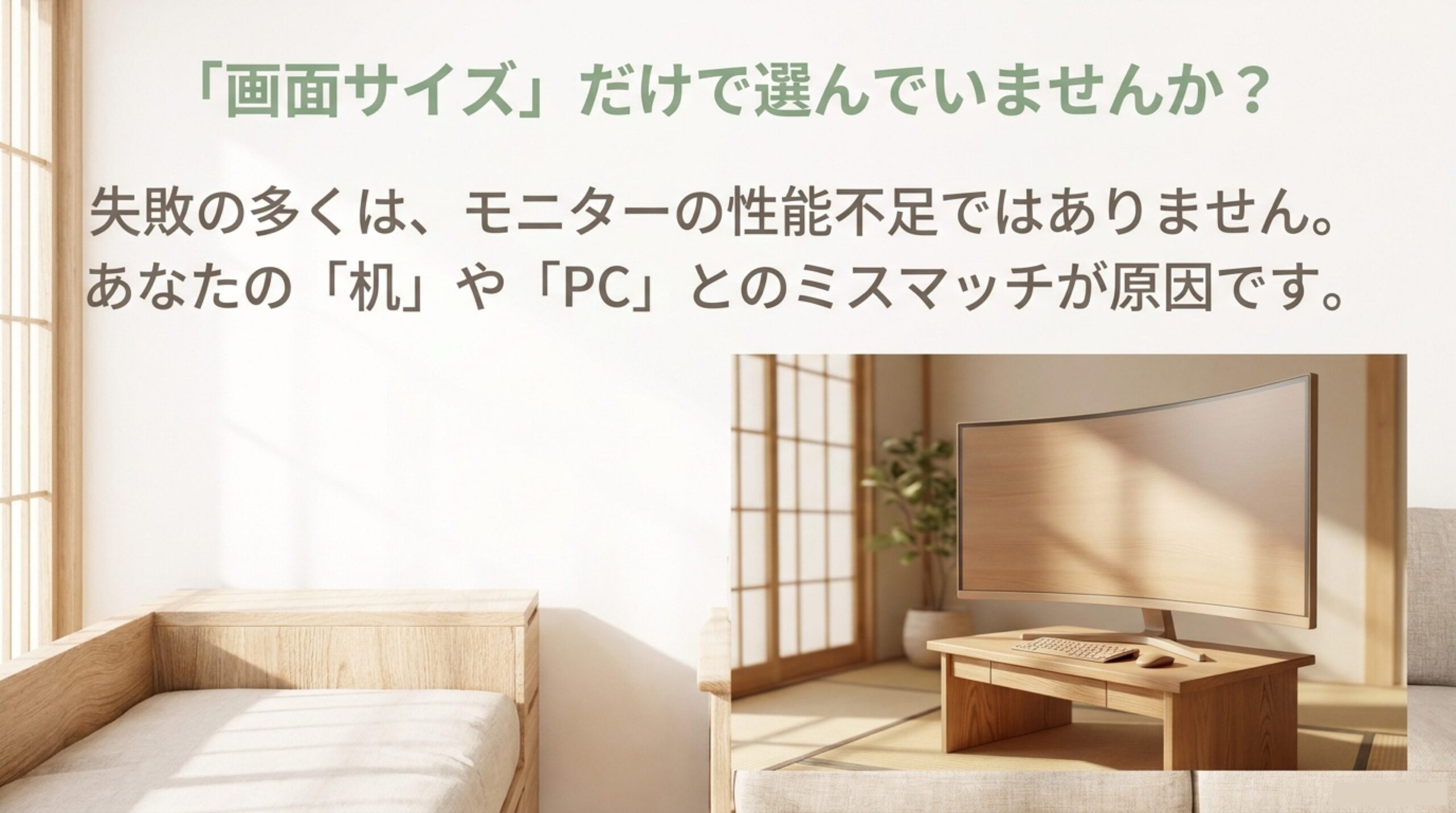 PCモニター選びでは画面サイズだけでなく、机やPCとの相性確認が重要であることを説明した画像