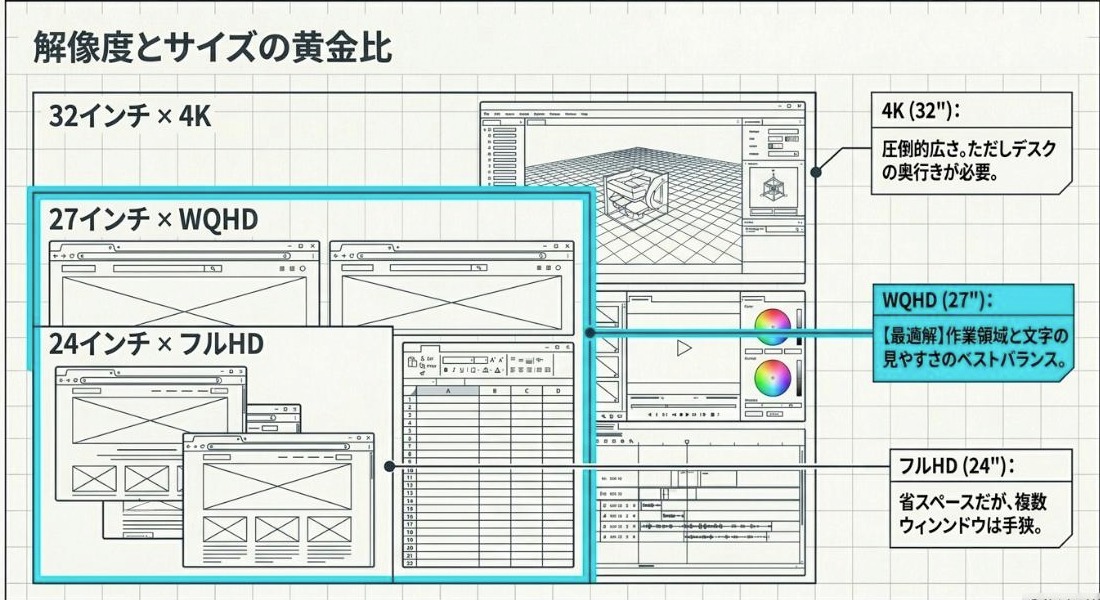 32型4K・27型WQHD・24型フルHDのPCモニターサイズと解像度の関係を示すスライド