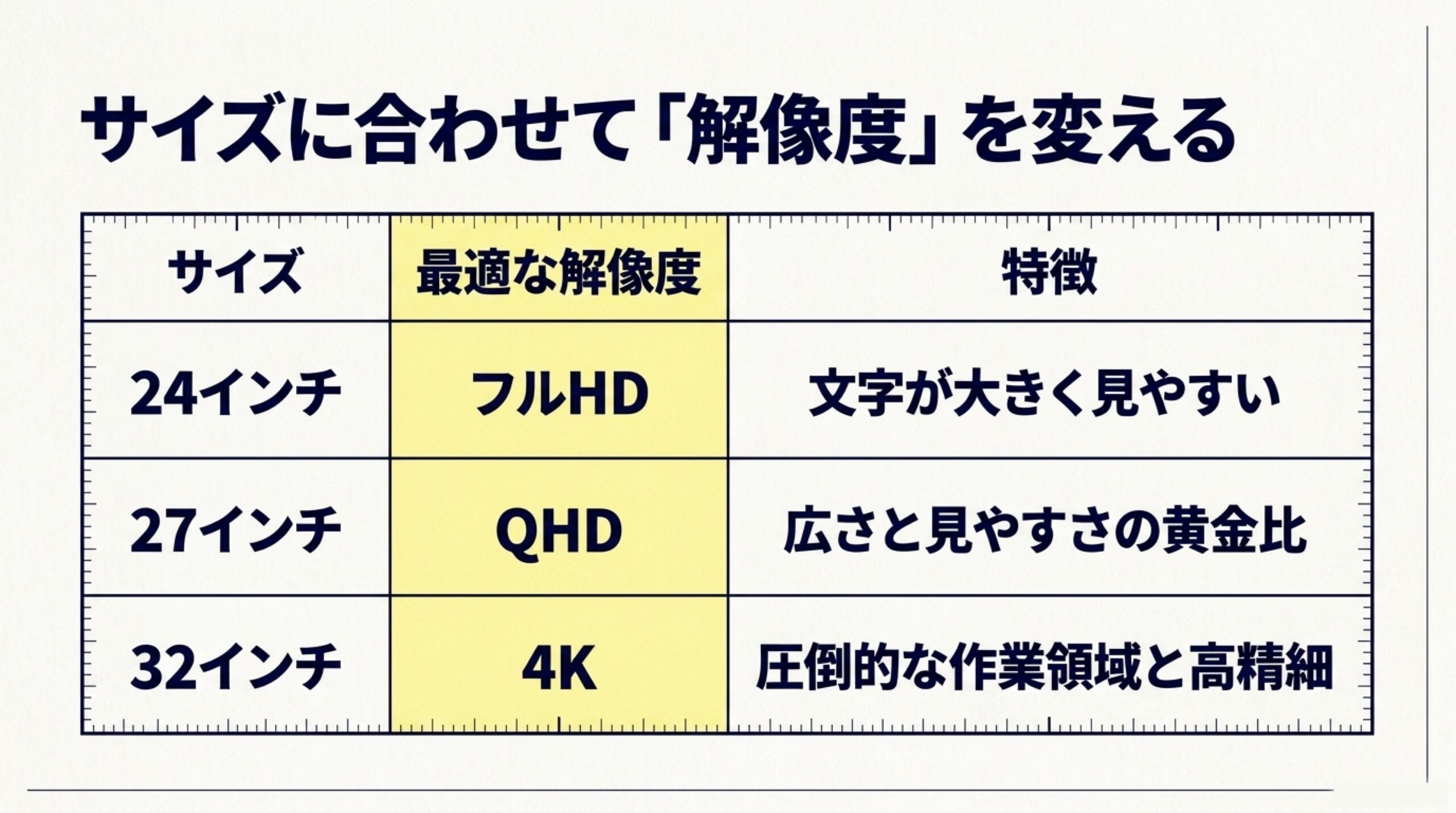 24インチはフルHD、27インチはQHD、32インチは4Kが目安であることをまとめた表