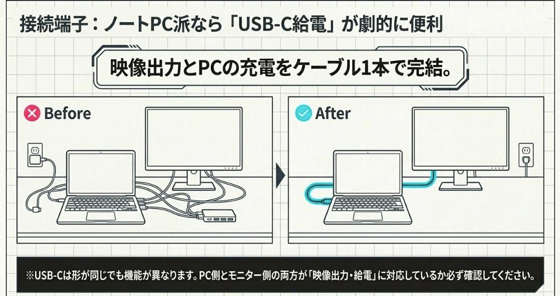 PCモニターのUSB-C給電による配線のBefore Afterを比較したスライド
