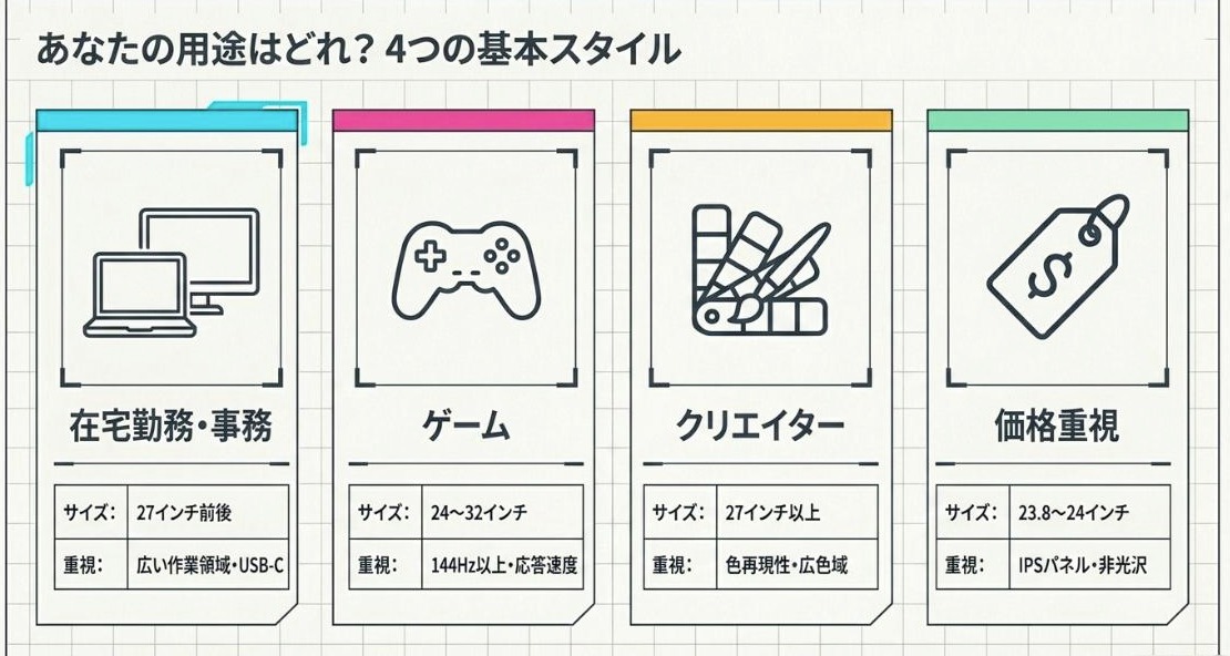 在宅勤務・ゲーム・クリエイター・価格重視の用途別にPCモニター選びを整理したスライド