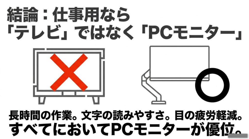 仕事用ならテレビではなくPCモニターを選ぶべき理由をまとめた結論スライド。