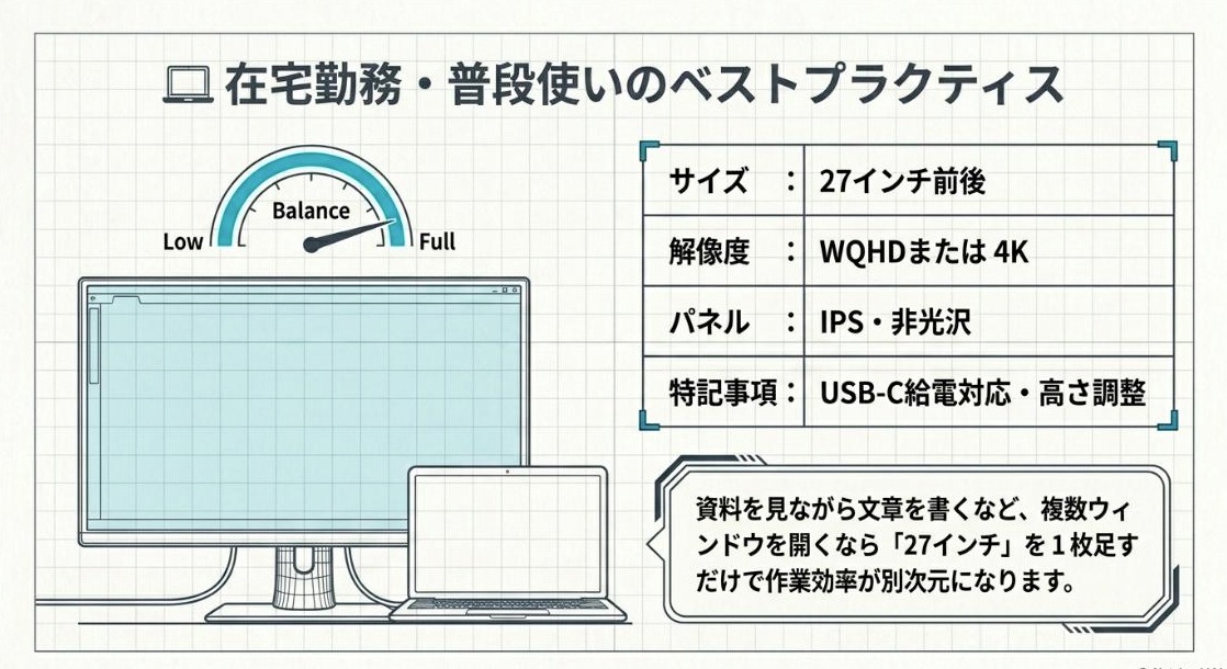 在宅勤務や普段使いにおすすめの27型WQHD PCモニターを解説するスライド