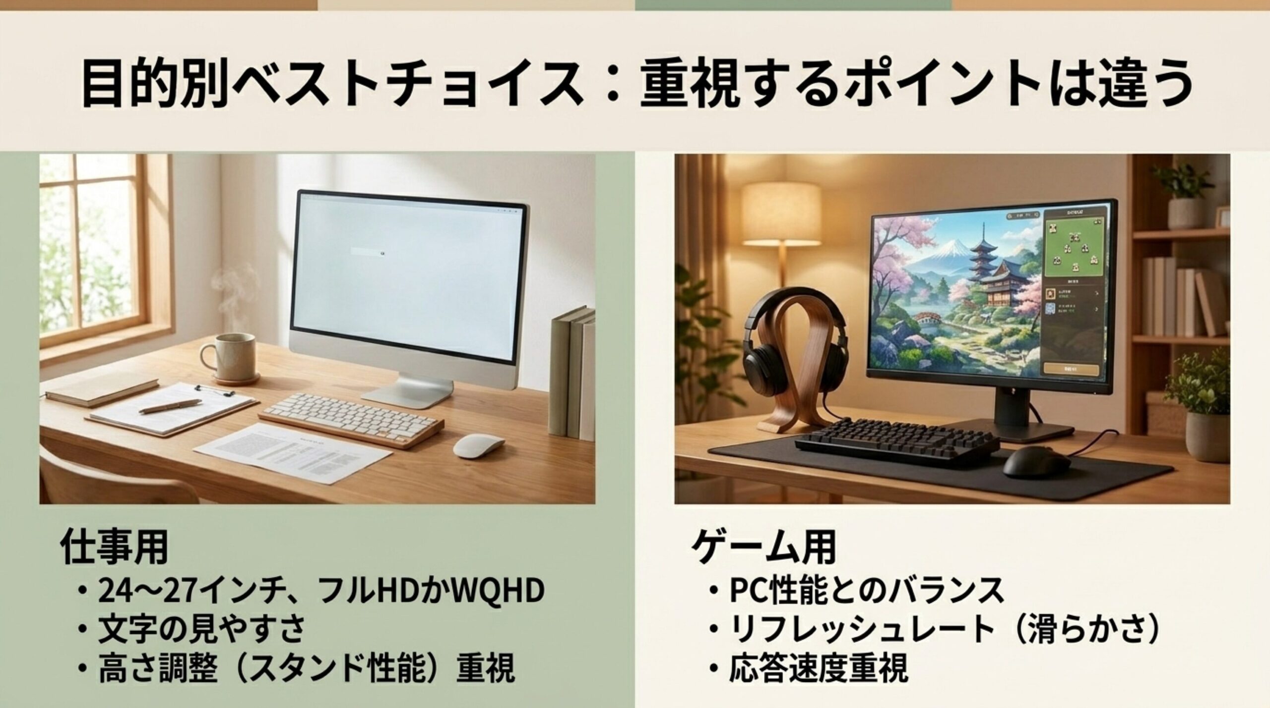 仕事用は文字の見やすさや高さ調整、ゲーム用はPC性能やリフレッシュレートを重視することを示した画像