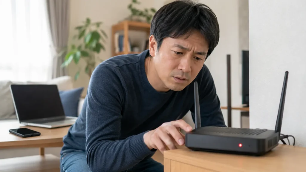 ONUとホームゲートウェイとWi-Fiルーターを確認してactive赤点滅の原因を切り分ける様子