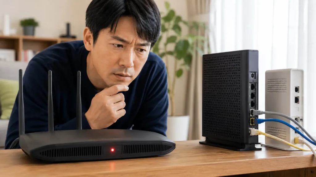 ルーターのactive赤点滅を確認する日本人男性とONU・ホームゲートウェイ