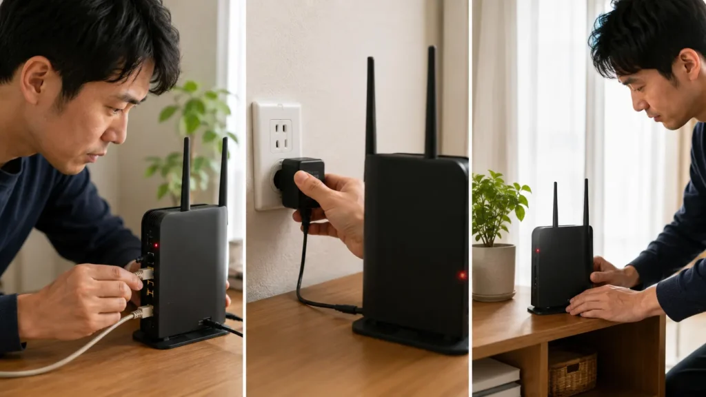 ルーターのactive赤点滅を直すためにLANケーブルと電源と設置場所を確認する手順