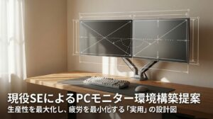 SE向けのPCモニター環境を設計図風に示したデスクとデュアルモニターのイメージ