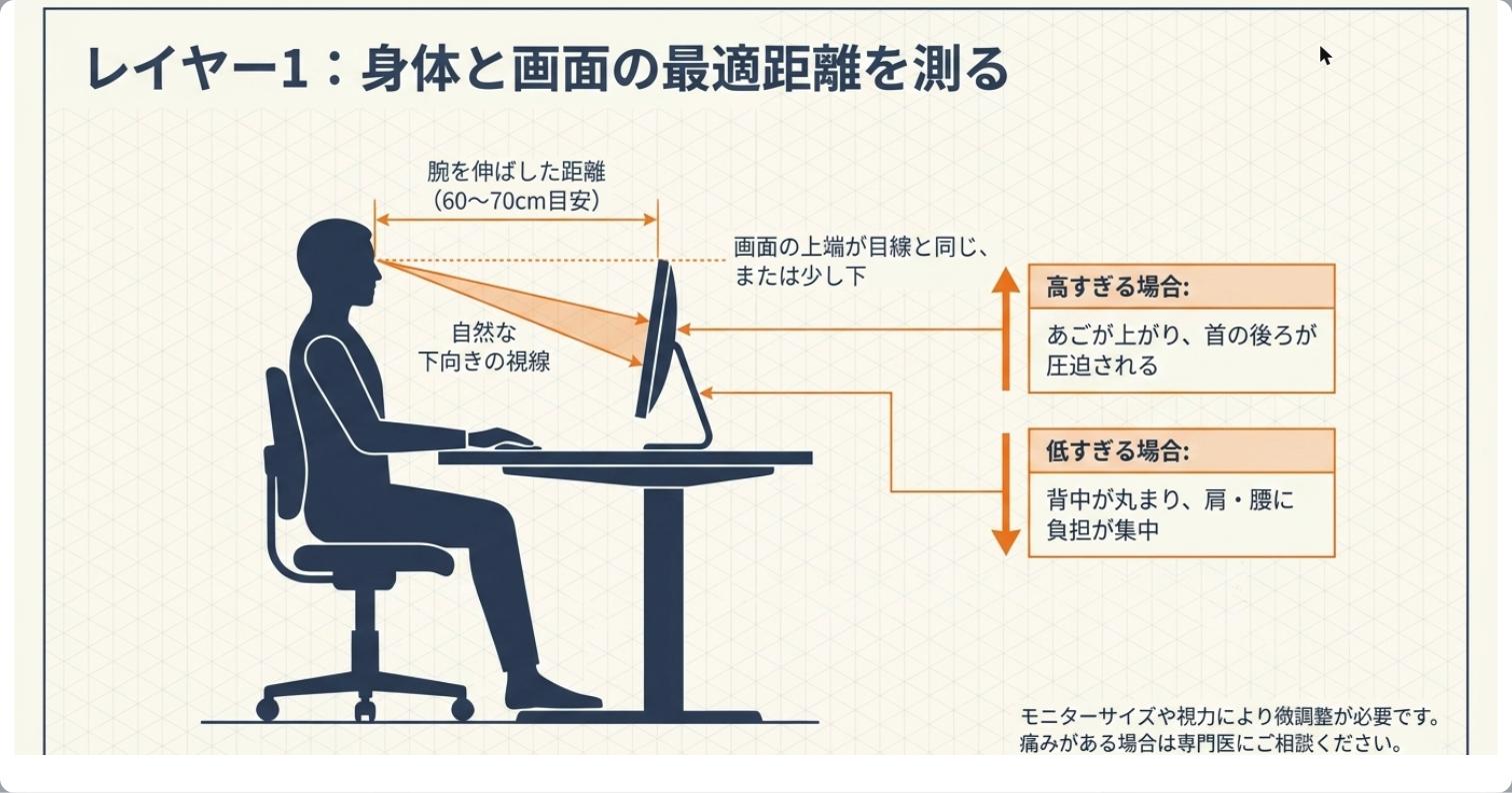 レイヤー1：身体と画面の最適距離60〜70cmと目線高さの図解