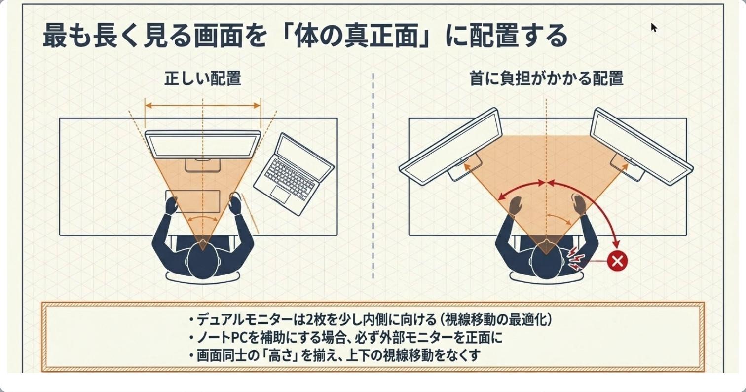 最も長く見る画面を「体の真正面」に配置する：正しい配置とNGの俯瞰比較図