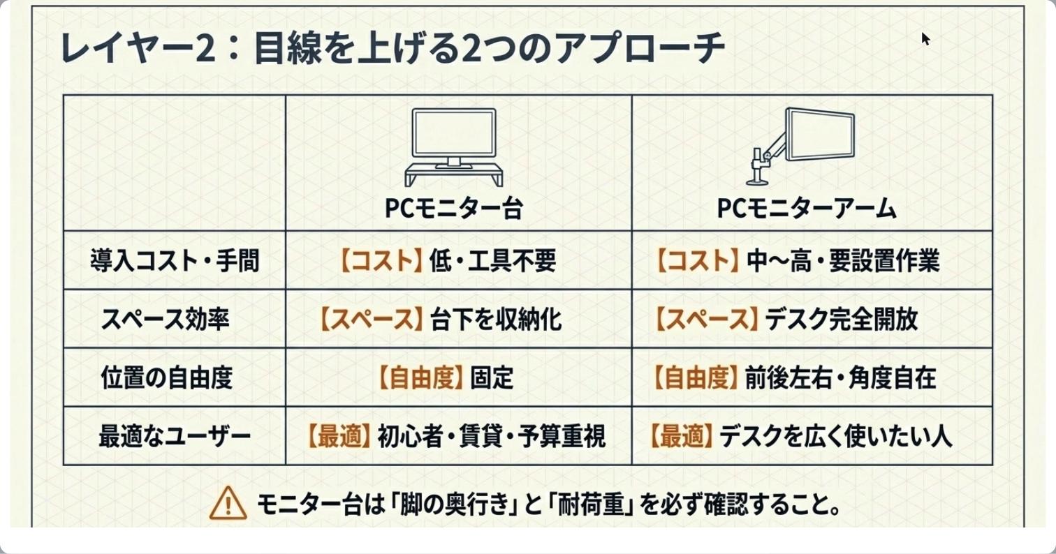 レイヤー2：目線を上げる2つのアプローチ：PCモニター台とPCモニターアームの比較表