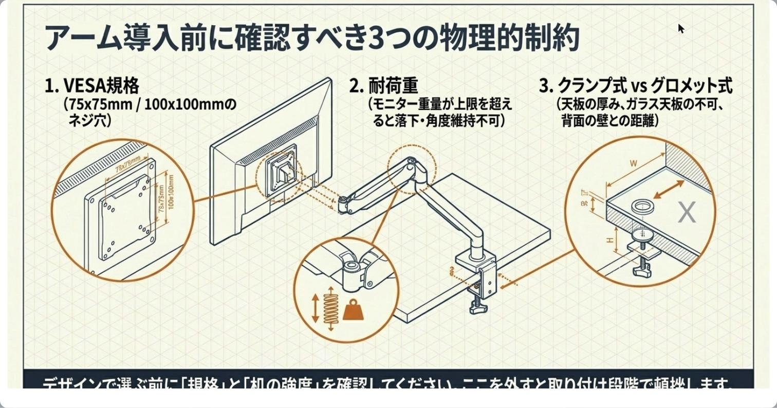 アーム導入前に確認すべき3つの物理的制約：VESA規格・耐荷重・クランプ式vsグロメット式