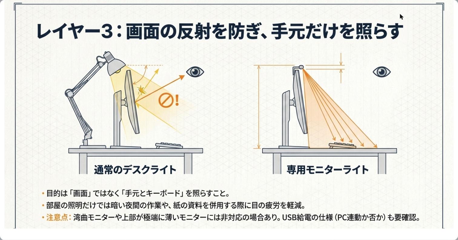 レイヤー3：画面の反射を防ぎ手元だけを照らす：通常デスクライトと専用モニターライトの比較