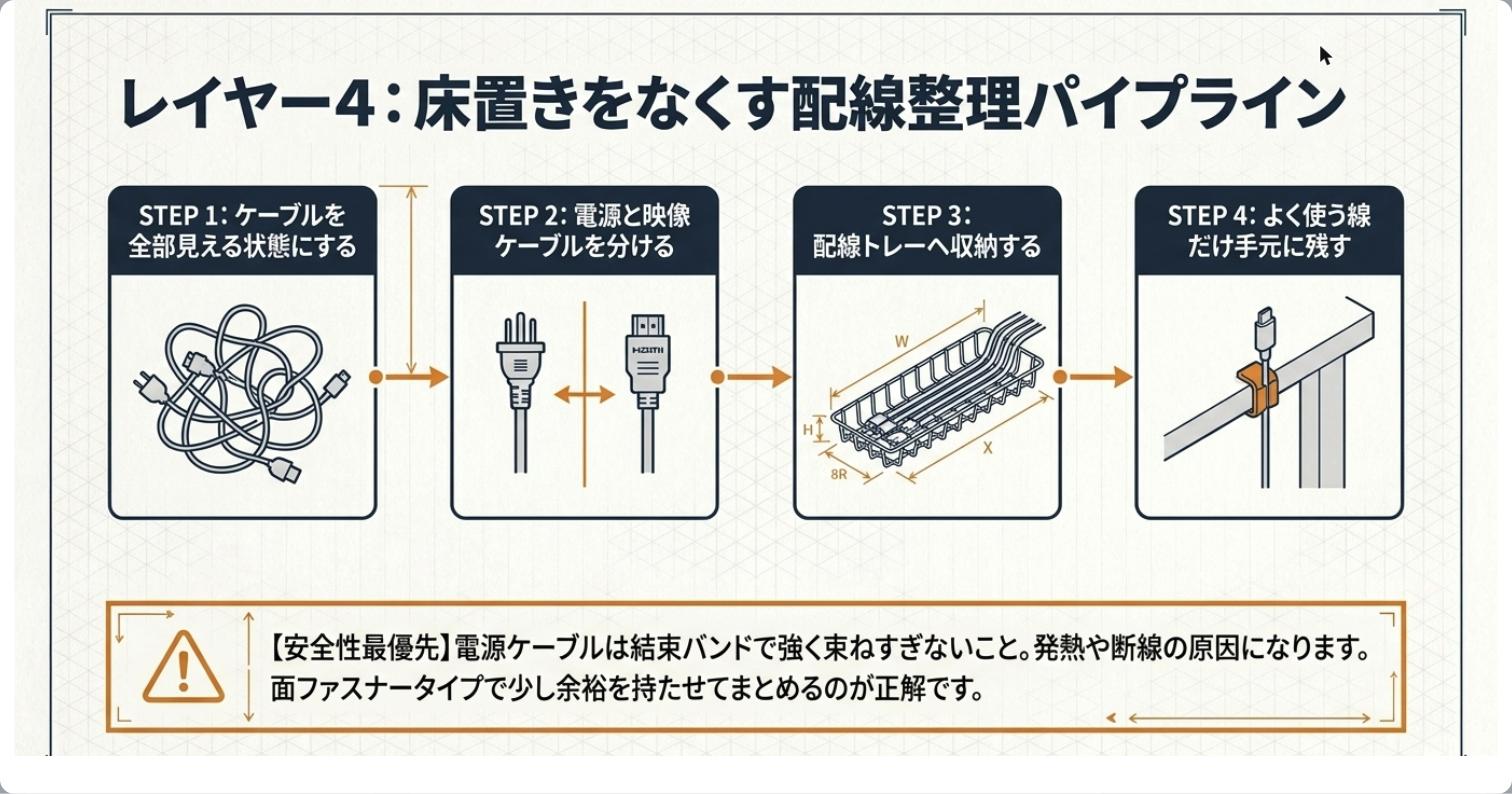 レイヤー4：床置きをなくす配線整理パイプライン4ステップ