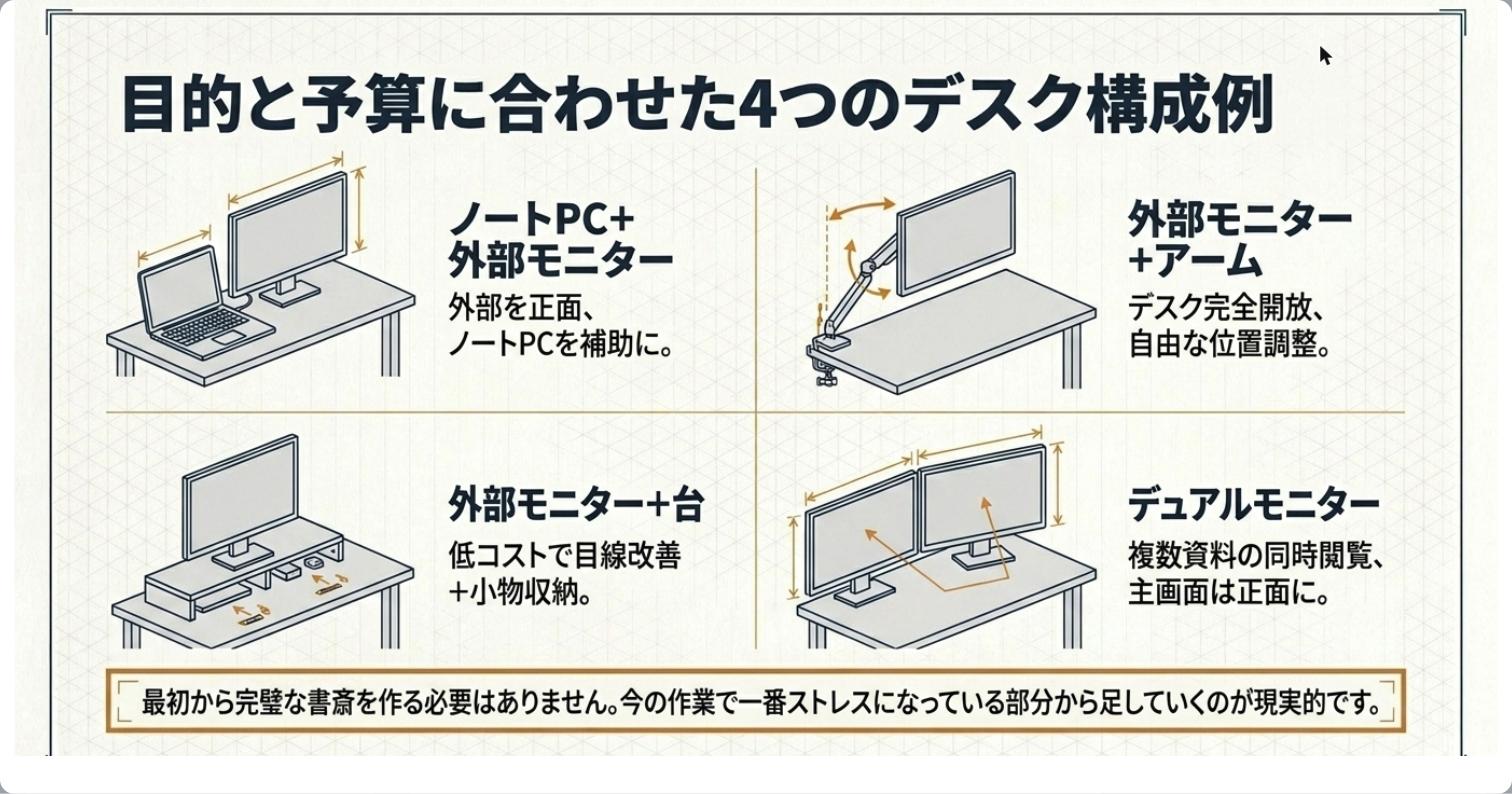 目的と予算に合わせた4つのデスク構成例：ノートPC+外部モニター・アーム・台・デュアル